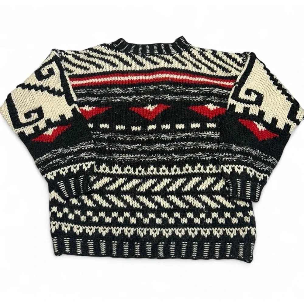 Flexible Vintage Chunky Knit Geometric Tribal Sweater Black Red White Mens M